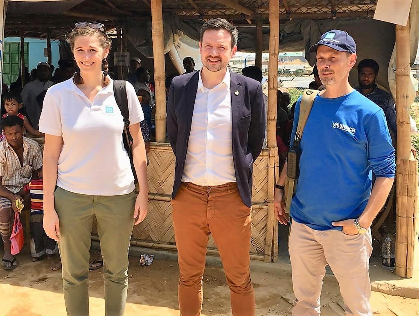 NORCAP experts Kaja Blattmann stands with Halfdan Kjetland and the Norwegian Minister for Development, Dag Inge Ulstein in Cox's Bazar, Bangladesh.