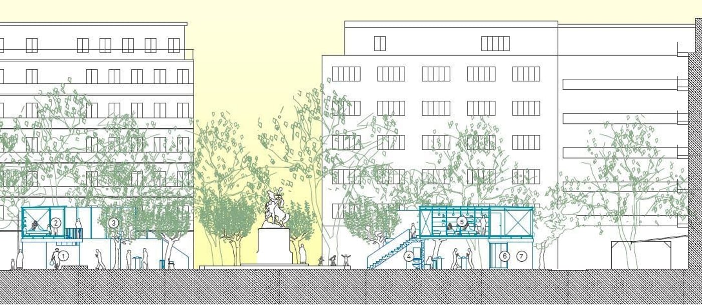 Illustration of solutions for refugee accommodation in a crisis situation by architect student Anna Rosa Strassegger at the Oslo School of Architecture and Design (Ill.Anna Rosa Strassegger/AHO)