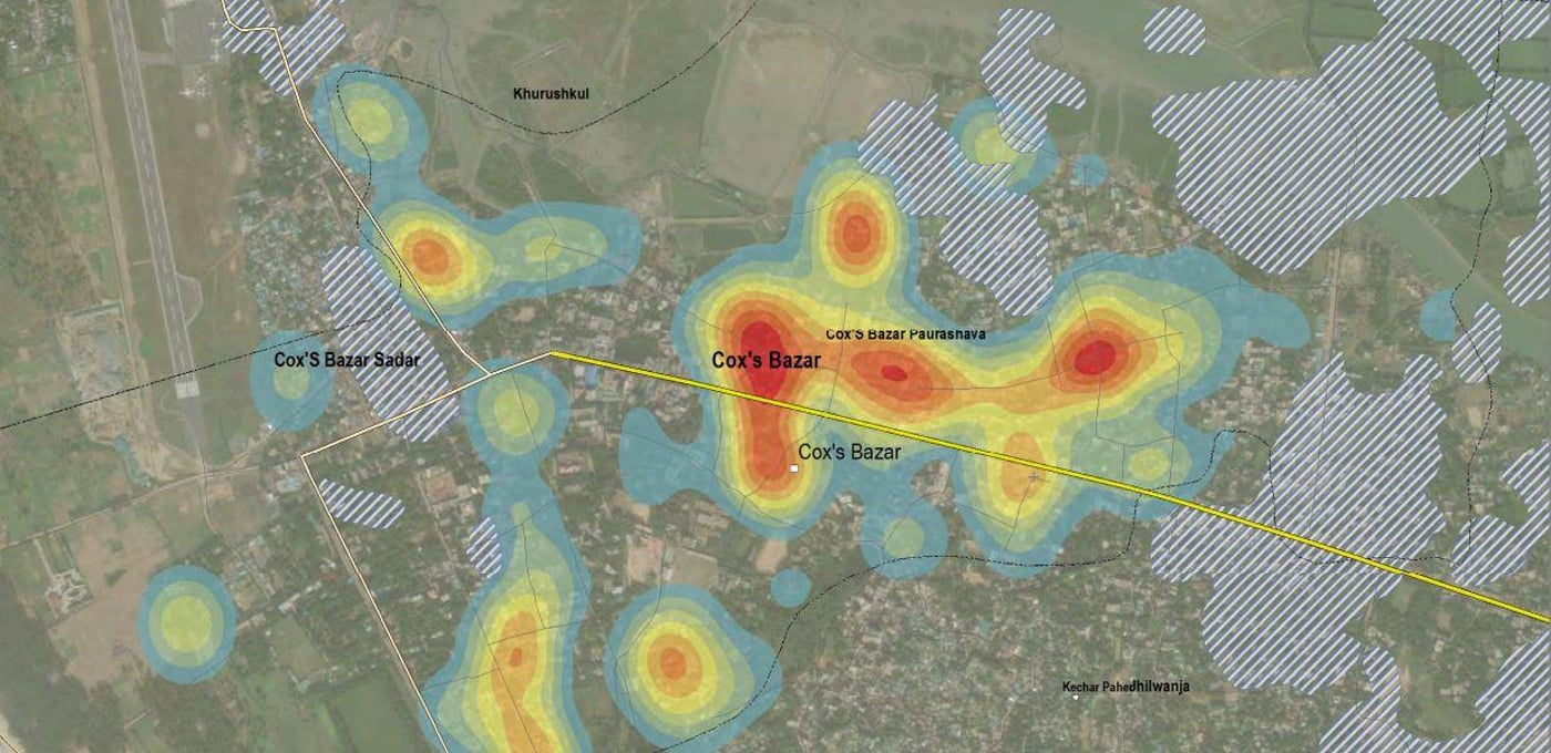 This map illustrates satellite-detected potentially damaged buildings in Cox’s Bazar in Bangladesh after the tropical cyclone Mora in the end of May. (Ill. UNOSAT)