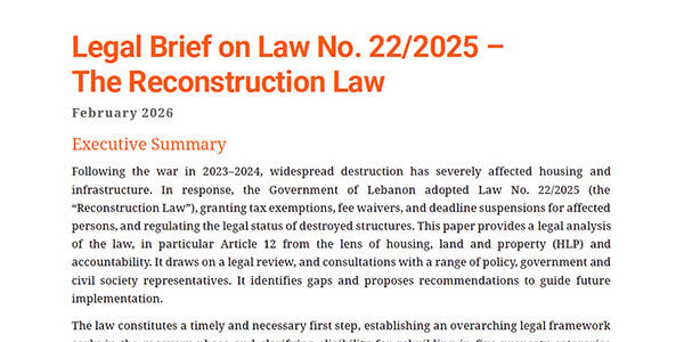 Front page of "Legal Brief on Law No. 22/2025 – The Reconstruction Law".