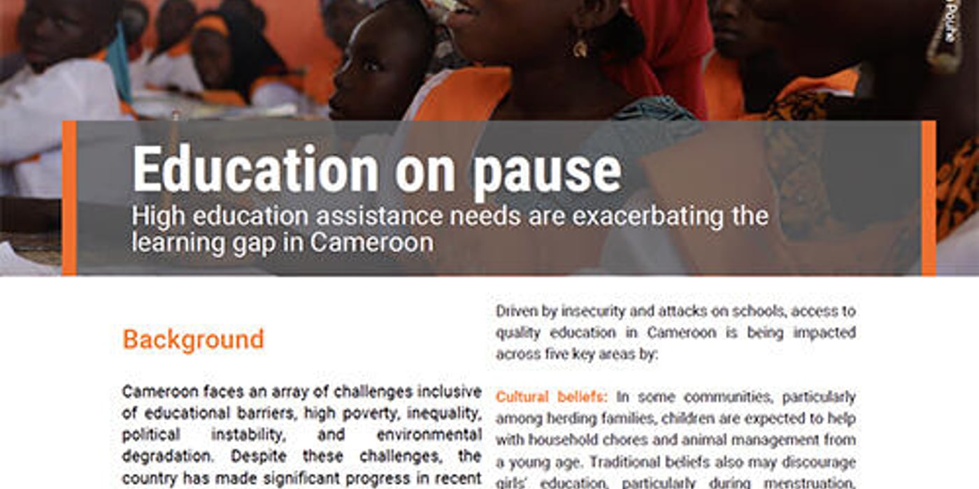 Front page of the briefing note "Education on pause - High education assistance needs are exacerbating the learning gap in Cameroon."