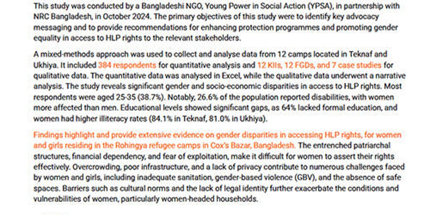 Front page of the advocacy note "Gender dynamics analysis on accessing and exercising HLP rights in Rohingya camps".
