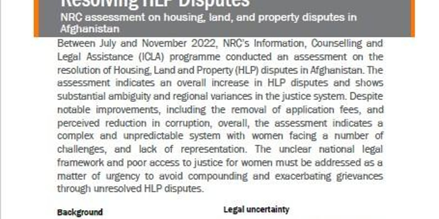 Front page of the briefing note "Resolving HLP disputes - NRC assessment on HLP disputes in Afghanistan".