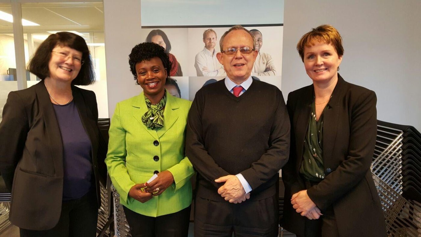Participants at the NORCAP Safety of journalists seminar in Oslo in December 2016: ??, NORCAP expert Lydia Gachungi, Assistant Director General for Communication and Information at UNESCO, Frank La Rue, and ?? (Photo: NORCAP/Ingvill Tveite)