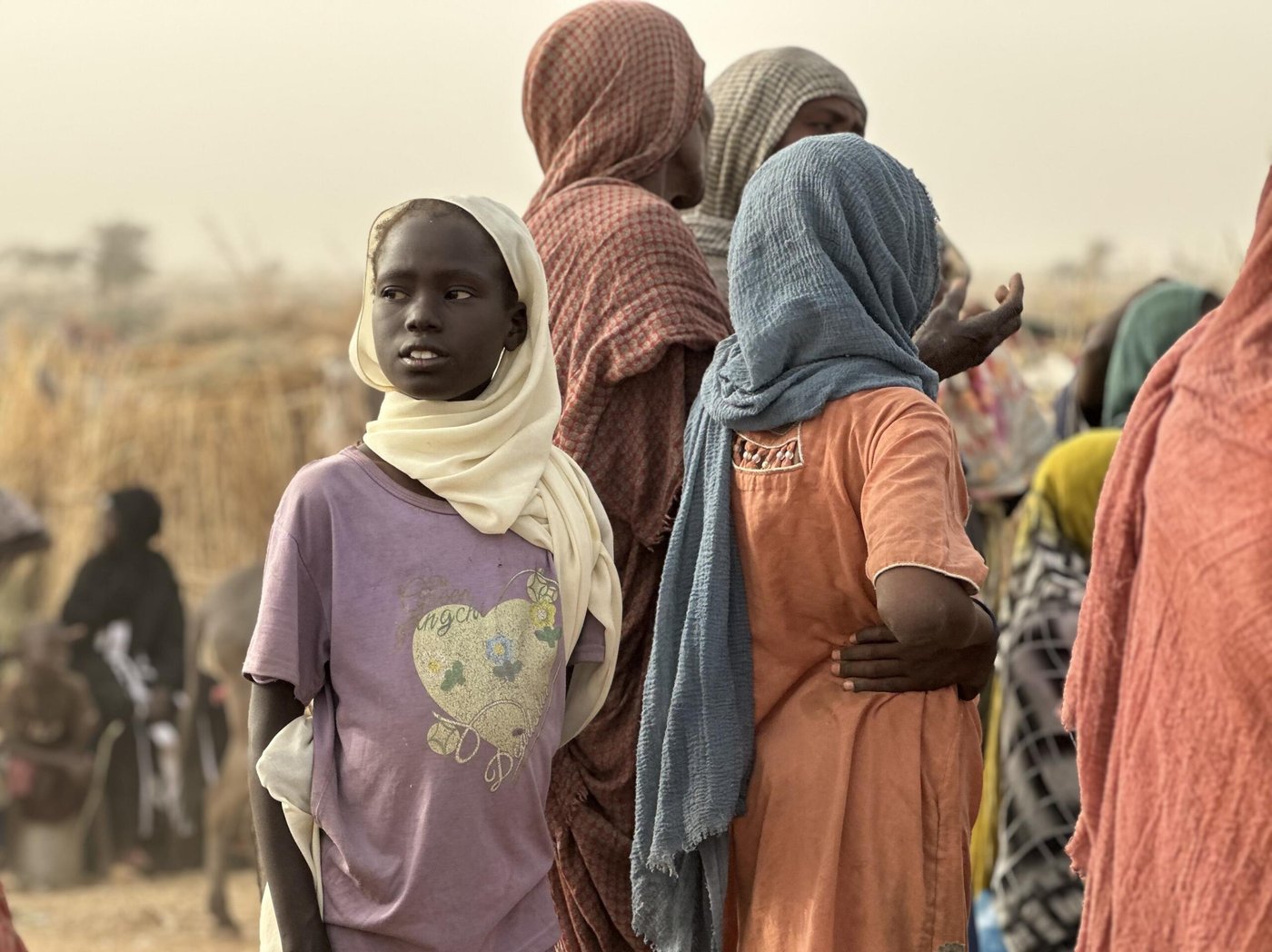 F&ouml;rdrivna barn och vuxna samlas i ett tillf&auml;lligt bos&auml;ttningsomr&aring;de efter att ha tvingats fly undan v&aring;ld och os&auml;kerhet.