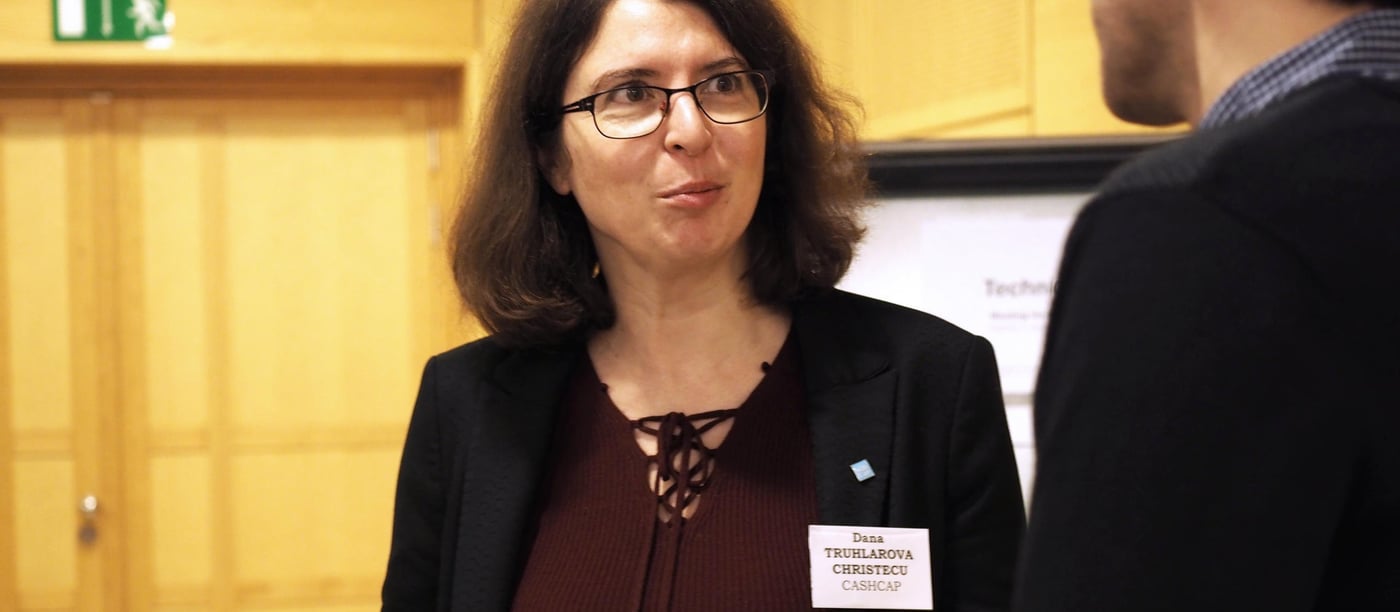 CashCap expert Dana Cristescu in conversation with a man at the CashCap donor event in Brussels, February 2018. (Photo: NORCAP/Oda Lykke Mortensen) 