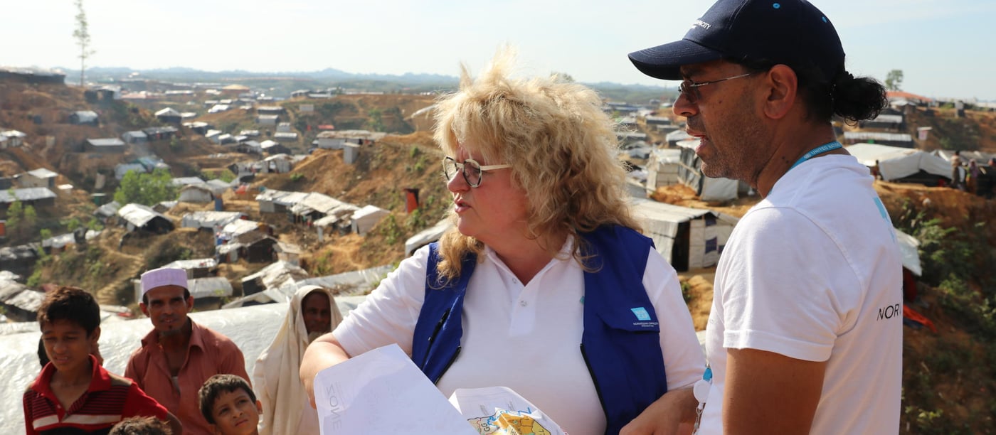 NORCAP Director Benedicte Giaever (left) with site planner Shyam Sundar in Balukhali camp in Cox's Bazar. (Photo: Ingrid Prestetun/NRC) 