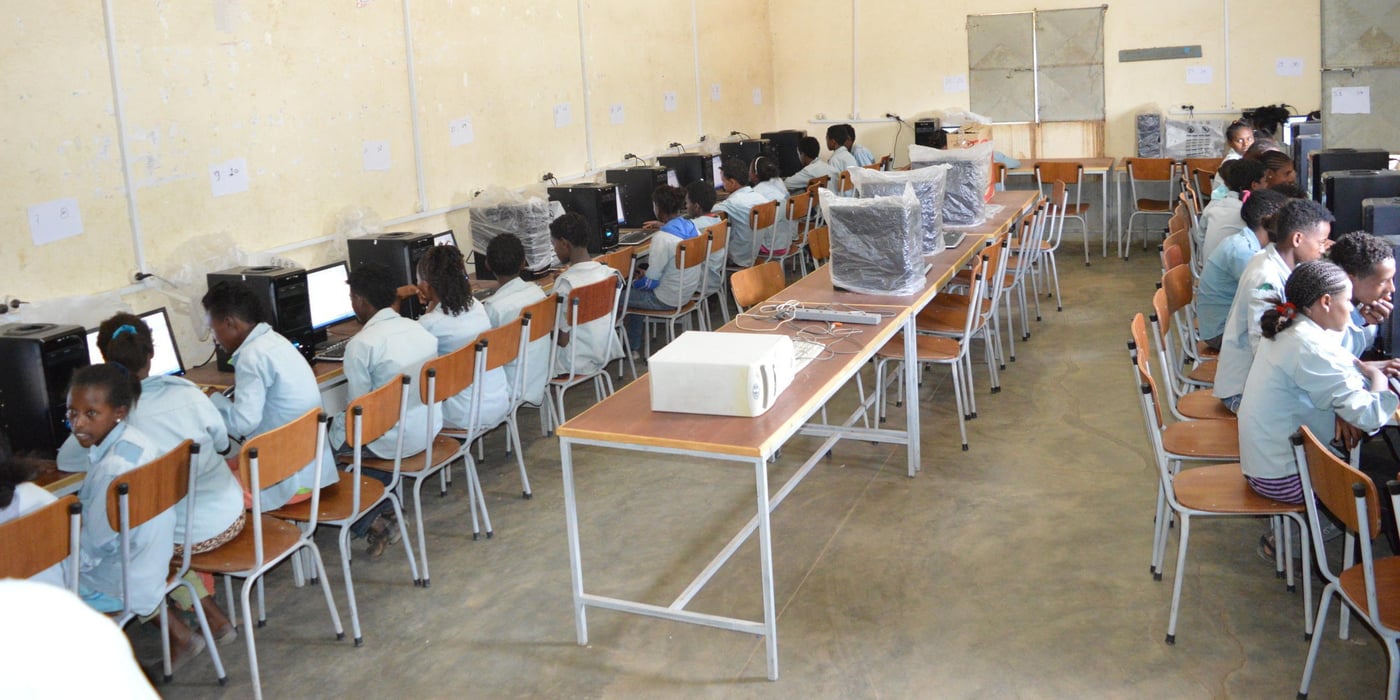 Learners at Kudobou school, Northern Red Sea concentrate on their computer lessons. The computers are powered by solar-generated electricity. Photo by Melchizedek Malile/NRC