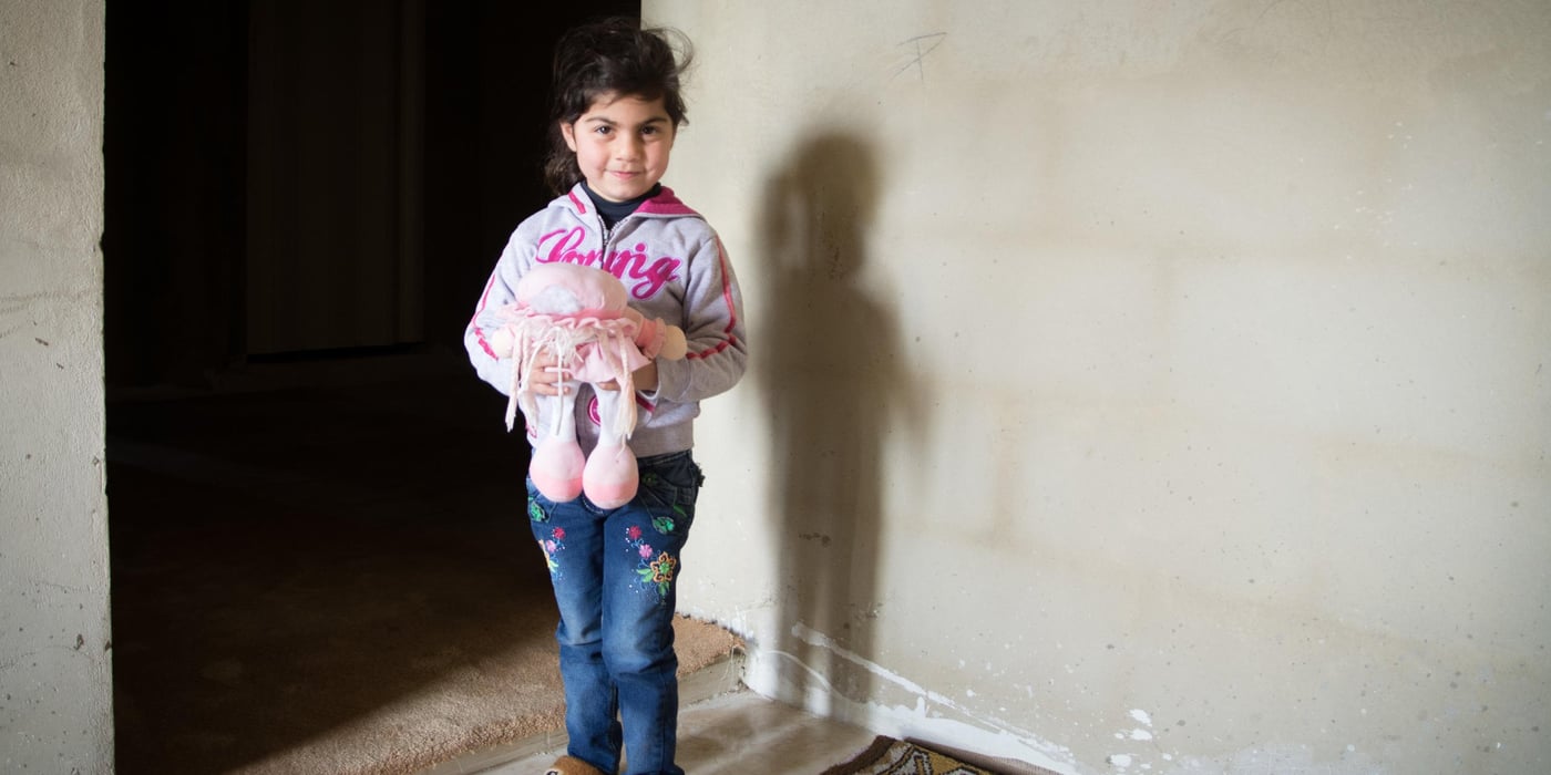 Syrian refugee Ilham (4) stands inside a NRC rehabilitated shelter in Tyre, south Lebanon.
Her father Mohammad (35) is disabled and has been unable to find work in Lebanon. She was born on March 15, 2011, and her family fled Damascus to Lebanon eight months later.
Photo: NRC/Tiril Skarstein