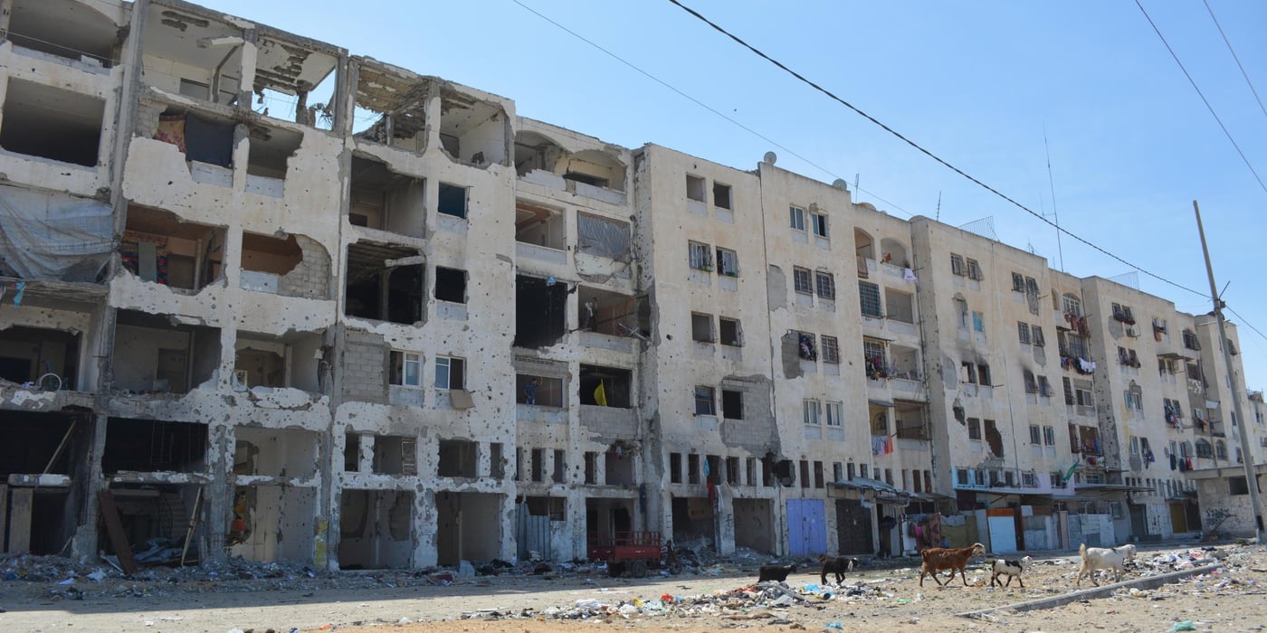 The remains of a block of flats in Izbet Beit Hanoun, Northern Gaza, six months after the Gaza war. photo credit: Mathew truscott