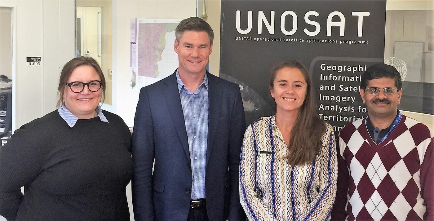 From left NORCAP experts Tanja Bergqvist, UNOSAT Manager Einar Bjorgo, Beatrice Progida and Hari Prasad Vajja (Photo: UNOSAT).