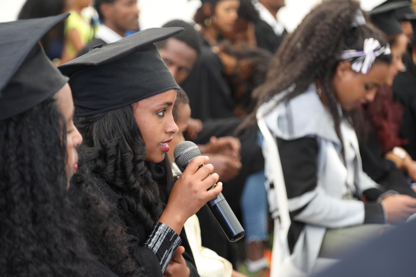 Women from displaced families and host communities graduated from hairdressing and tailoring training in Ethiopia.