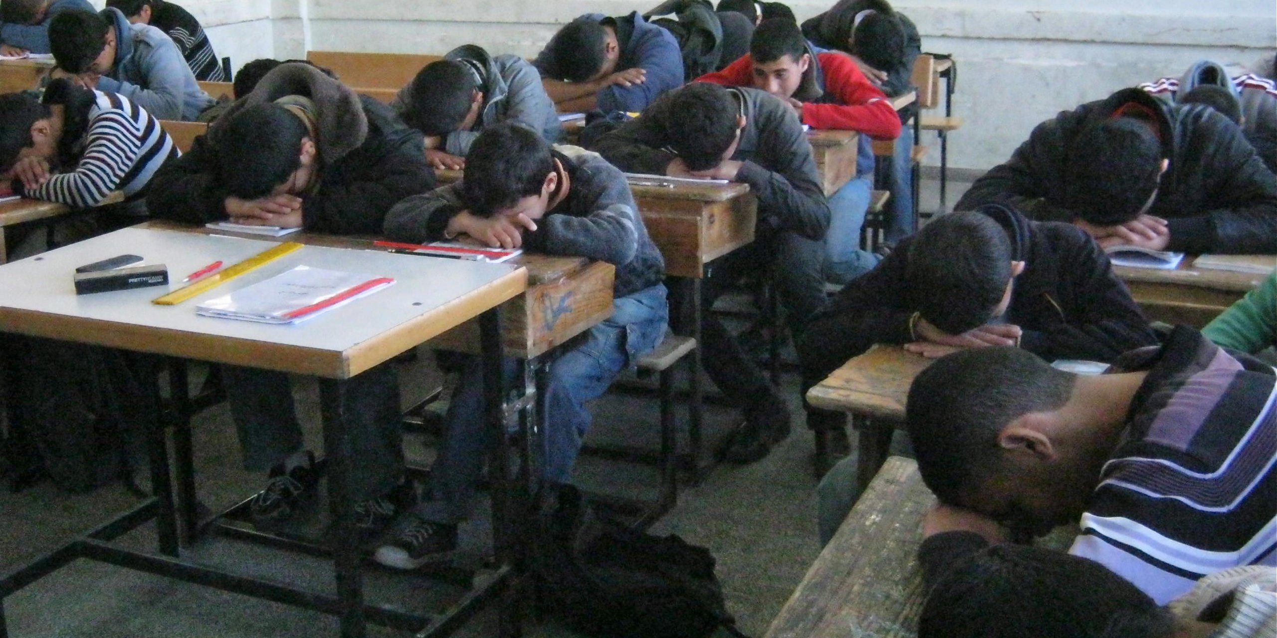 Bait Hanoon Prep. Boys “C” School- UNRWA. Children with their teacher practicing concentration exercise.