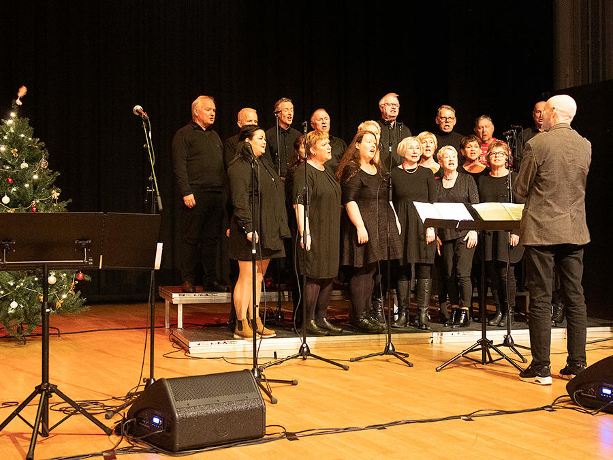 Fitjar kammerkor. All the singers are dressed in black. Next to the choir is a Christmas tree.