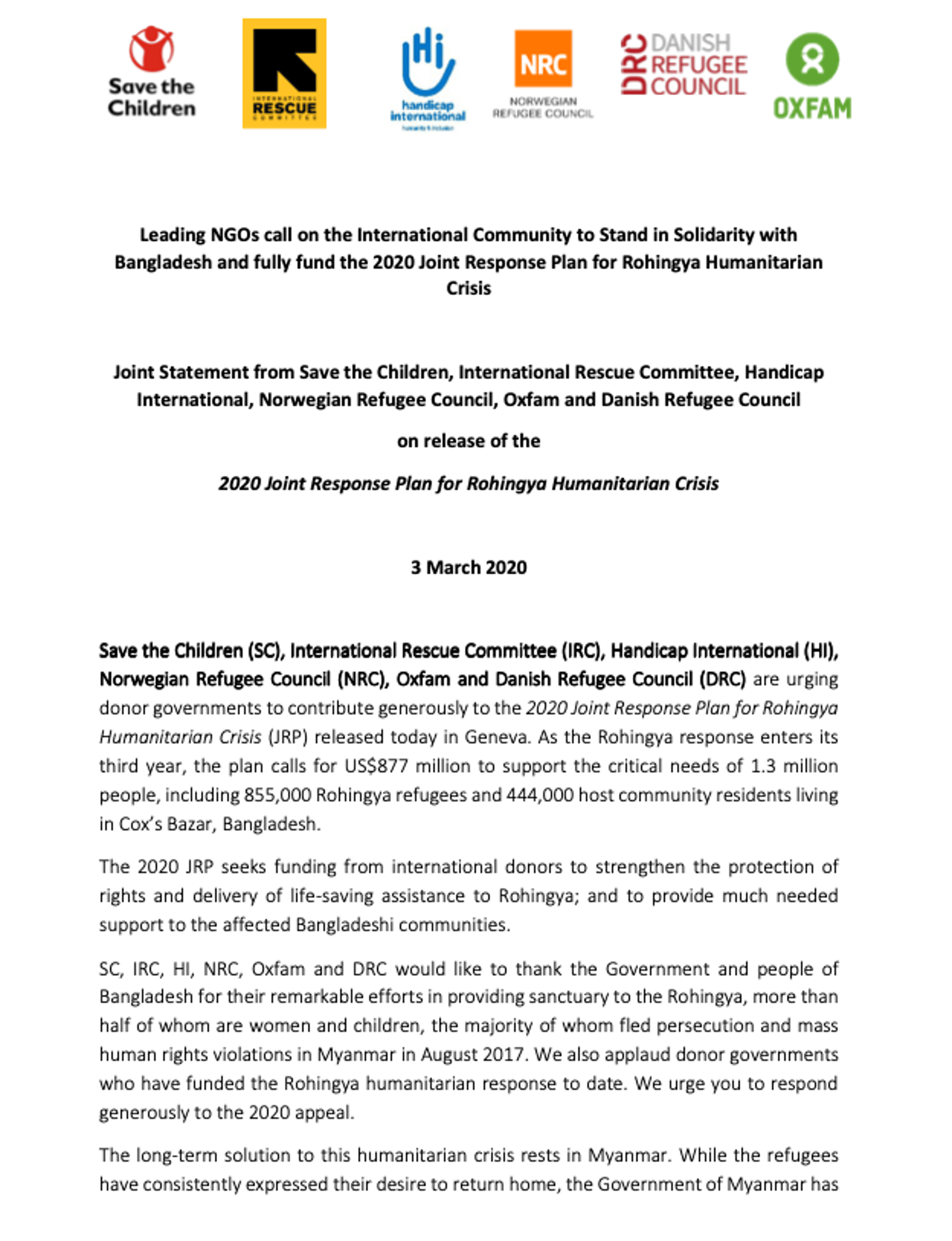 Joint statement on 2020 Joint Response Plan for the Rohingya ...