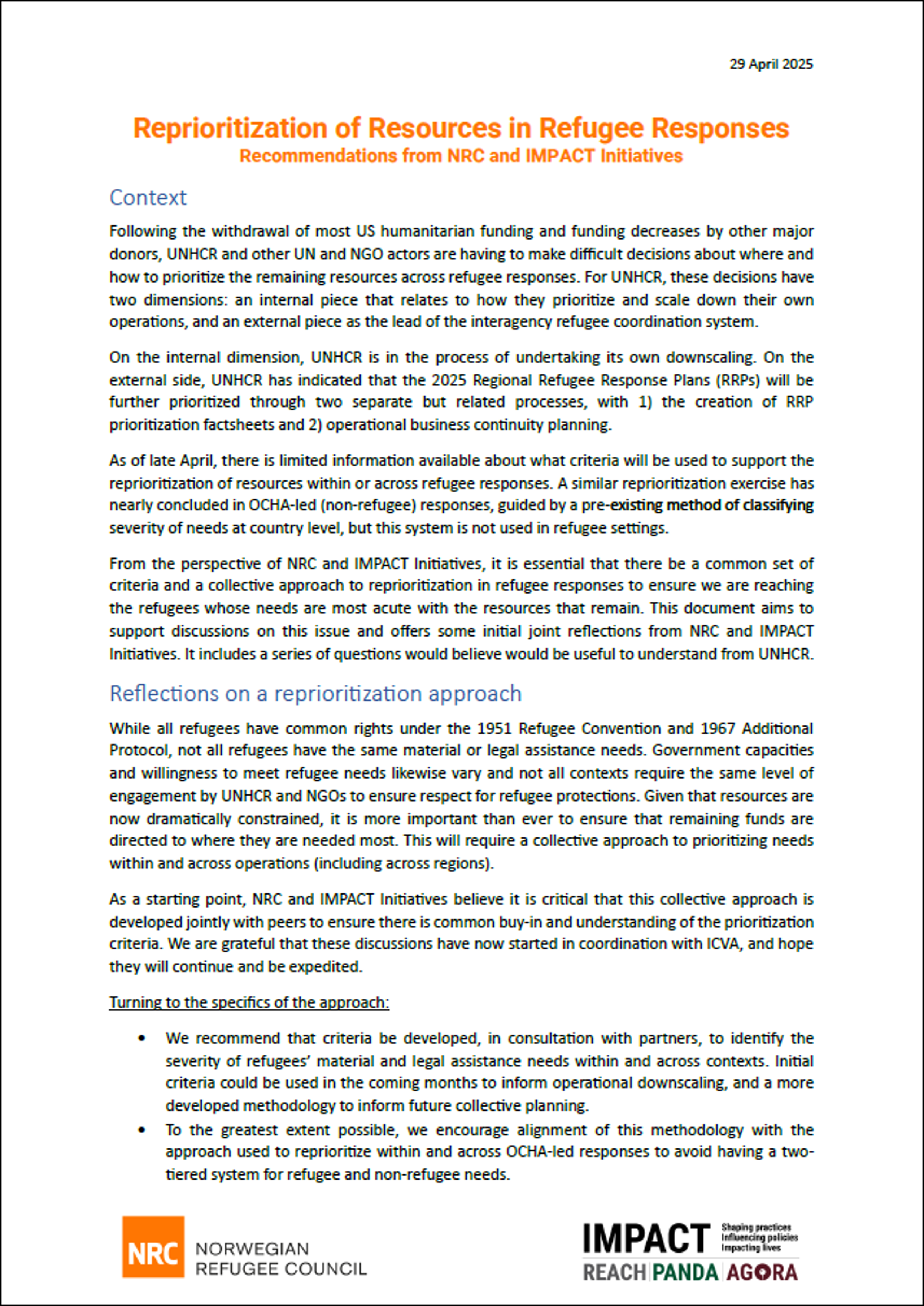 Reprioritization Reprioritisation of resources in refugee responses | NRC