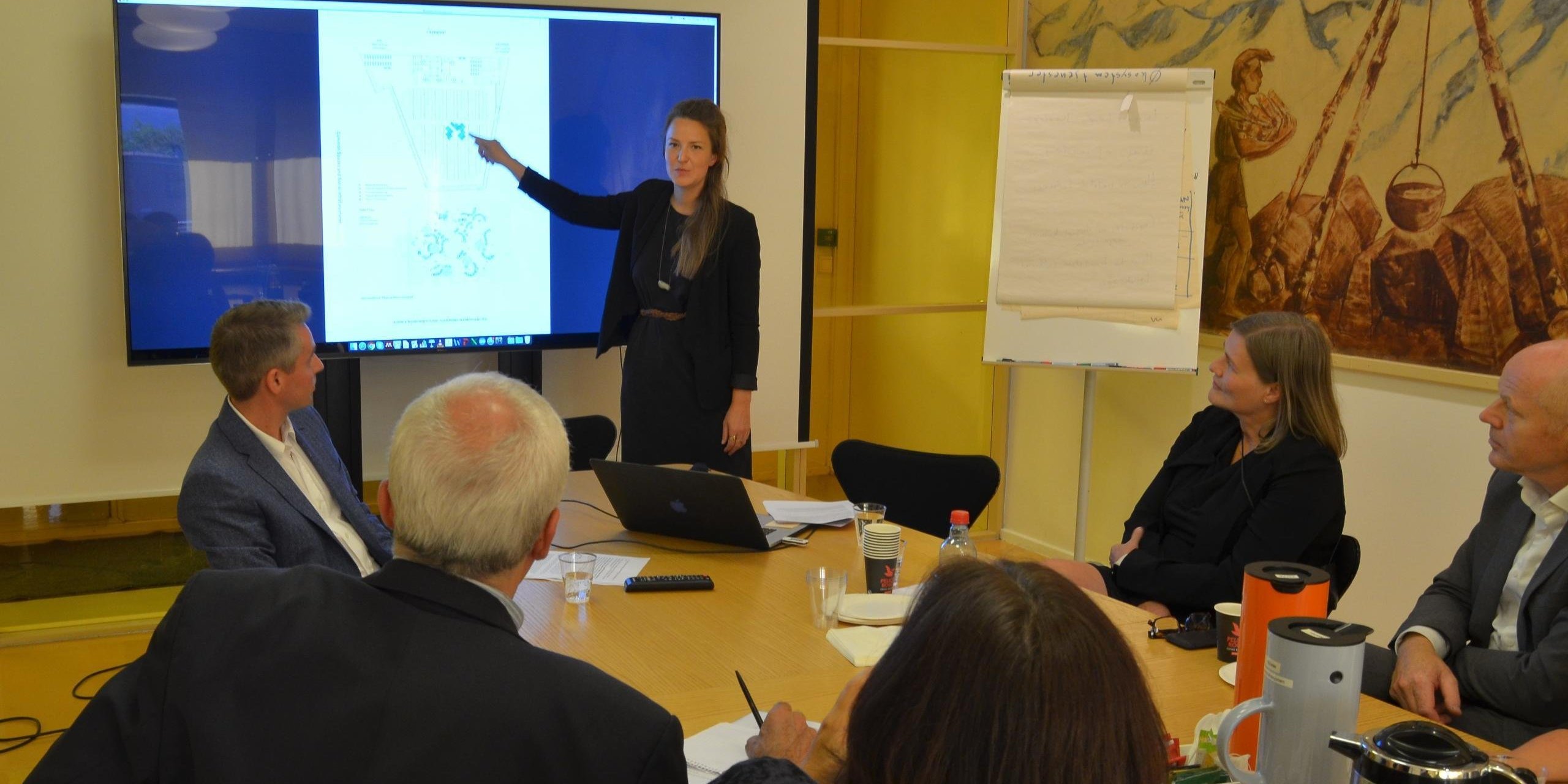 Tone Selmer-Olsen and Håvard Breivik (back left) gives a presentation of different solutions for improvement of humanitarian refugee/IDP camps to the Greek General Secretary for refugee reception, Odysseas Voudouris (front left), Maria Dimitripoulou, rector Ole Gustavsen and Head of Institute, Marianne Skjulhaug (right). (Photo: NORCAP/Ida Sem Fossvik) August 2016
