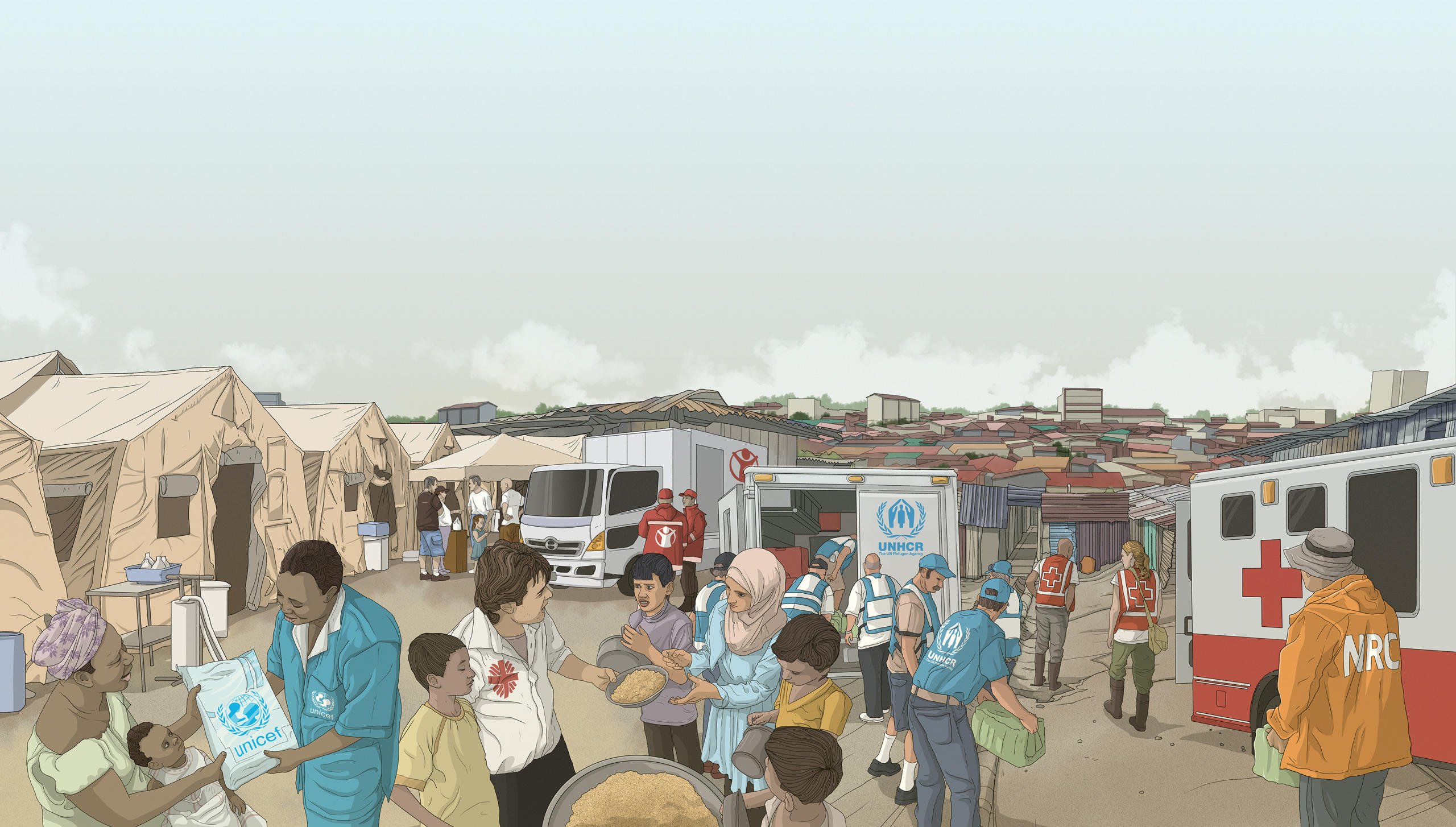 A scene where several organisations help refugees. There are tents, trucks, health services and food distribution.