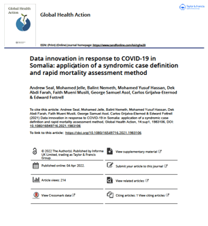 Data innovation in response to Covid-19 in Somalia: application of a syndromic case definition
and rapid mortality assessment method.