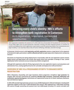 Front page of the briefing note "Securing every child's identity: NRC's efforts to strengthen birth registration in Cameroon".