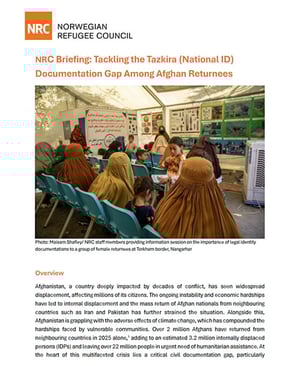 Front page of the briefing note "Tackling the Tazkira (National ID) Documentation Gap Among Afghan Returnees".