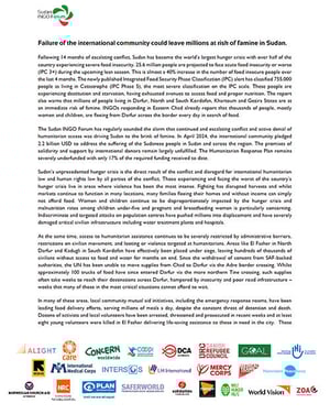 Front page of the statement "Failure of the international community could leave millions at risk of famine in Sudan."