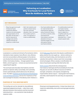 Front page of the briefing note "Delivering on localisation: Why overheads for local partners must be additional, not split".