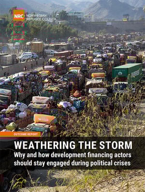 Front page of the report "Weathering the Storm - Why and how development financing actors should stay engaged during political crises."