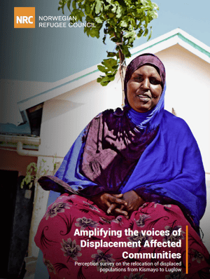 Front page of the "Amplifying the voices of Displacement Affected Communities" report. It shows a woman in a pink skirt and blue shawl smiling.