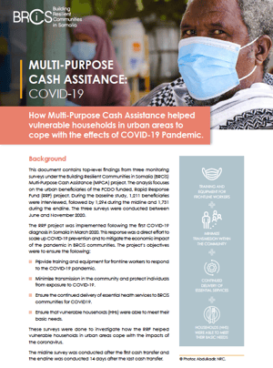 Front page of the "Multi-purpose cash assistance: Covid-19" report. It shows a man wearing a face mask.