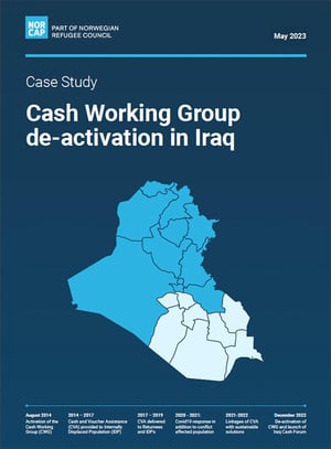 Front page of the case study "Cash Working Group de-activation in Iraq". It's blue and shows a map of Iraq.