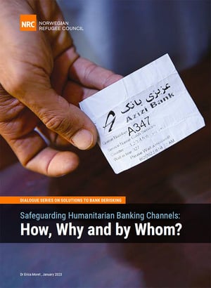 Front page of the report "Safeguarding humanitarian banking channels: how, why and by whom?". The photo shows a hand holding a queue ticket from Azizi Bank.