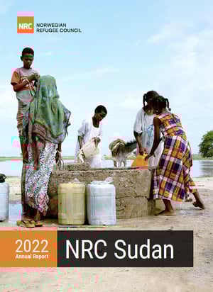 Front page of the the 2022 annual report from NRC in Sudan. People fetching water from a well.
