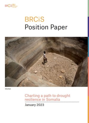 Front page of the position paper "Charting a path to drought resilience in Somalia". A boy is standing alone in a very dry landscape.