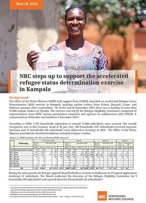 Front page of the briefing note "NRC steps up to support the accelerated refugee status determination exercise in Kampala".