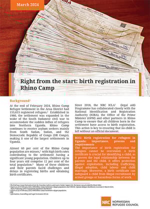 Front page of the briefing note "Right from the start: birth registration in Rhino Camp, Uganda."