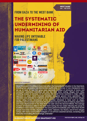Front page of "From Gaza to the West Bank: The systematic undermining of humanitarian aid making life untenable for Palestinians – Humanitarian Access Snapshot #10"