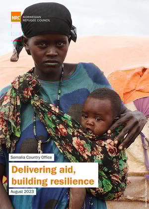 Front page of the brochure "Somalia Country Office - Delivering aid, building resilience. August 2023. Norwegian Refugee Council.