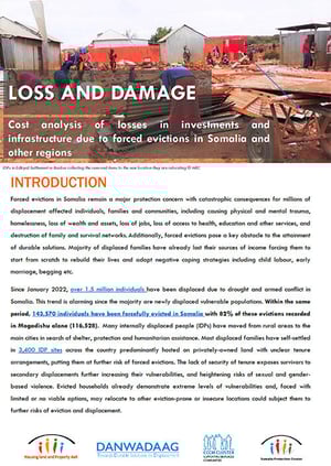 Front page of the report "Loss and damage - Cost analysis of losses in investments and infrastructure due to forced evictions in Somalia and other regions".
