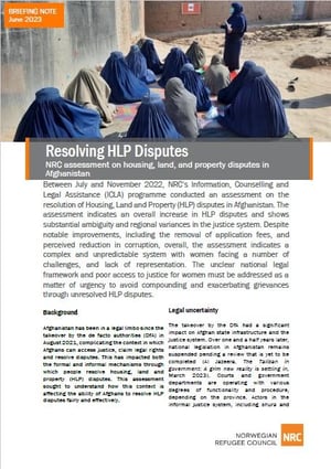 Front page of the briefing note "Resolving HLP disputes - NRC assessment on HLP disputes in Afghanistan".