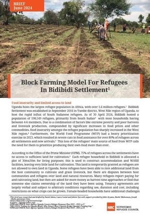 Front page of the briefing note "Block farming model for refugees in Bidibidi settlement".