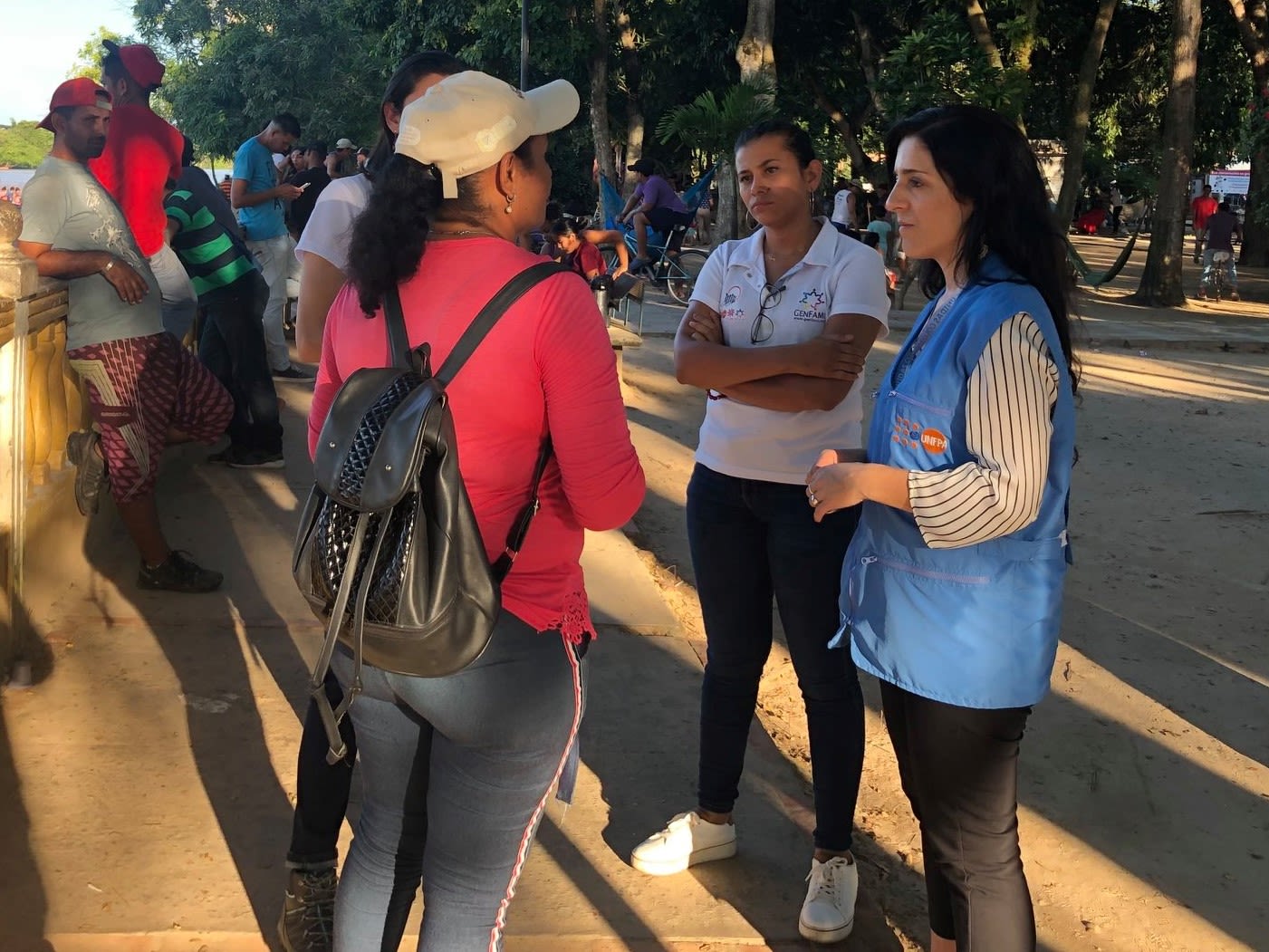 Gender-based violence expert Cecilia Bertolini (right), before Covid-19 struck with full force on Colombia.