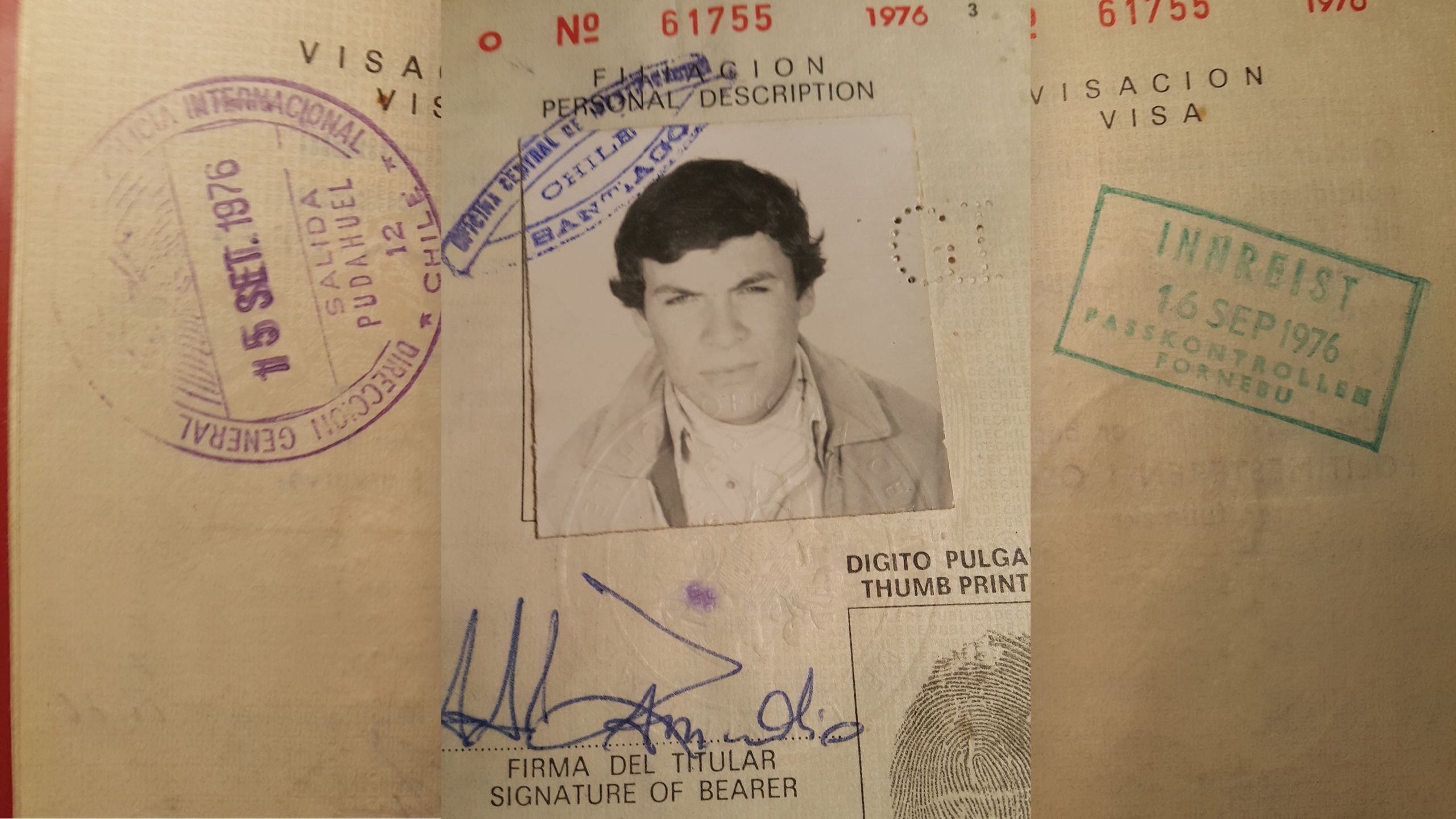 A passport photo and several stamps.