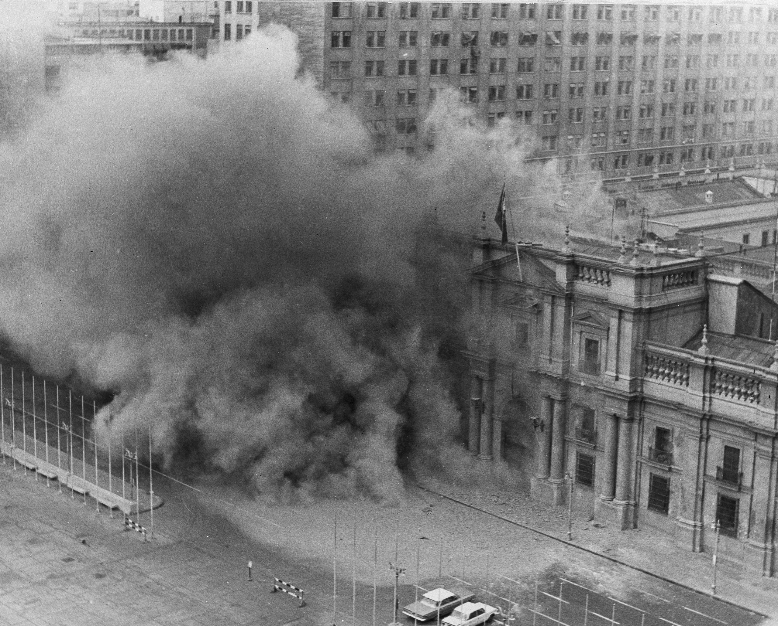 The presidential palace in Santiago being bombed during the coup against President Salvador Allende’s government.