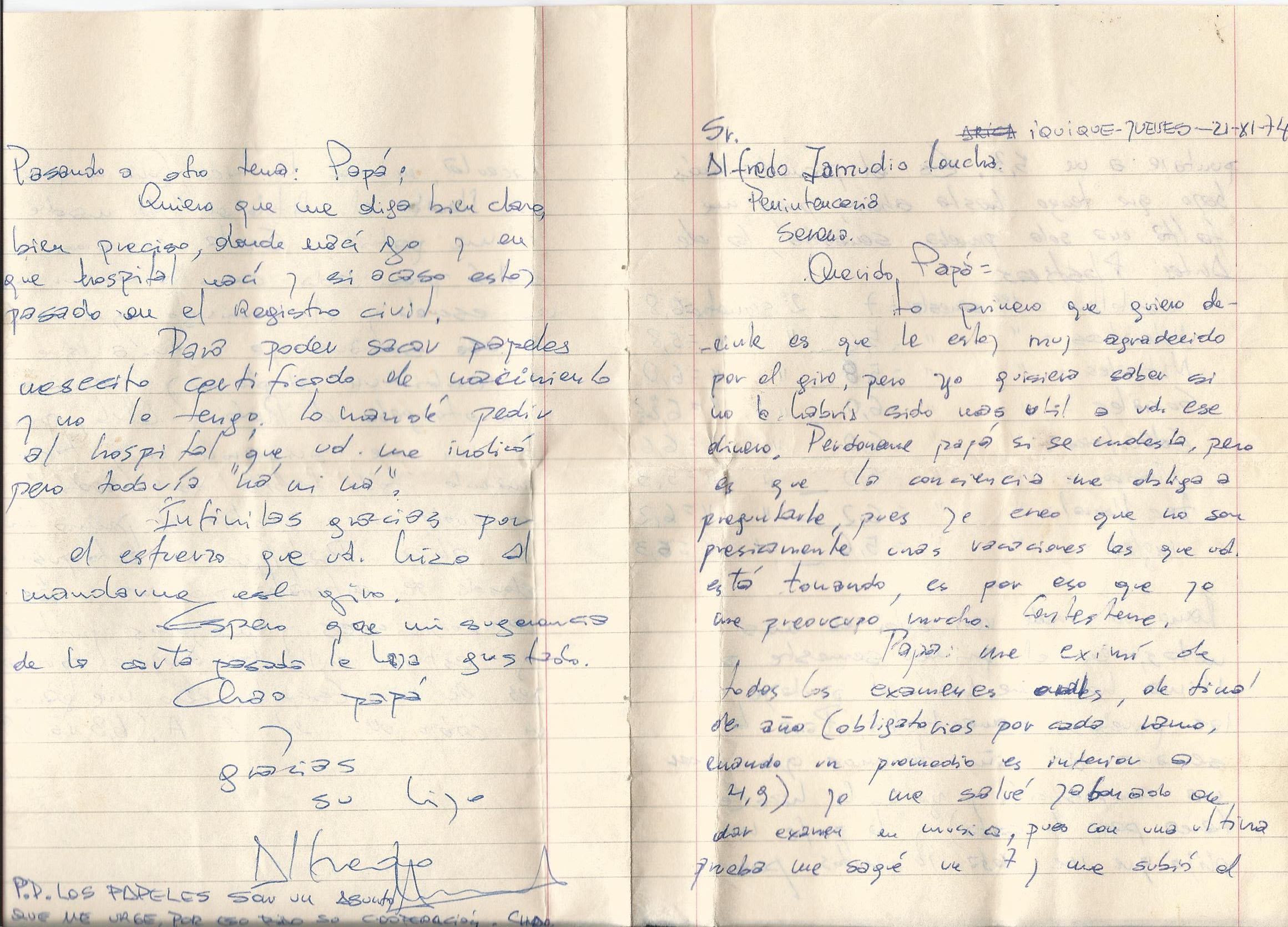 Neat writing in blue ballpoint pen on lined paper: a letter Alfredo wrote to his father in prison.