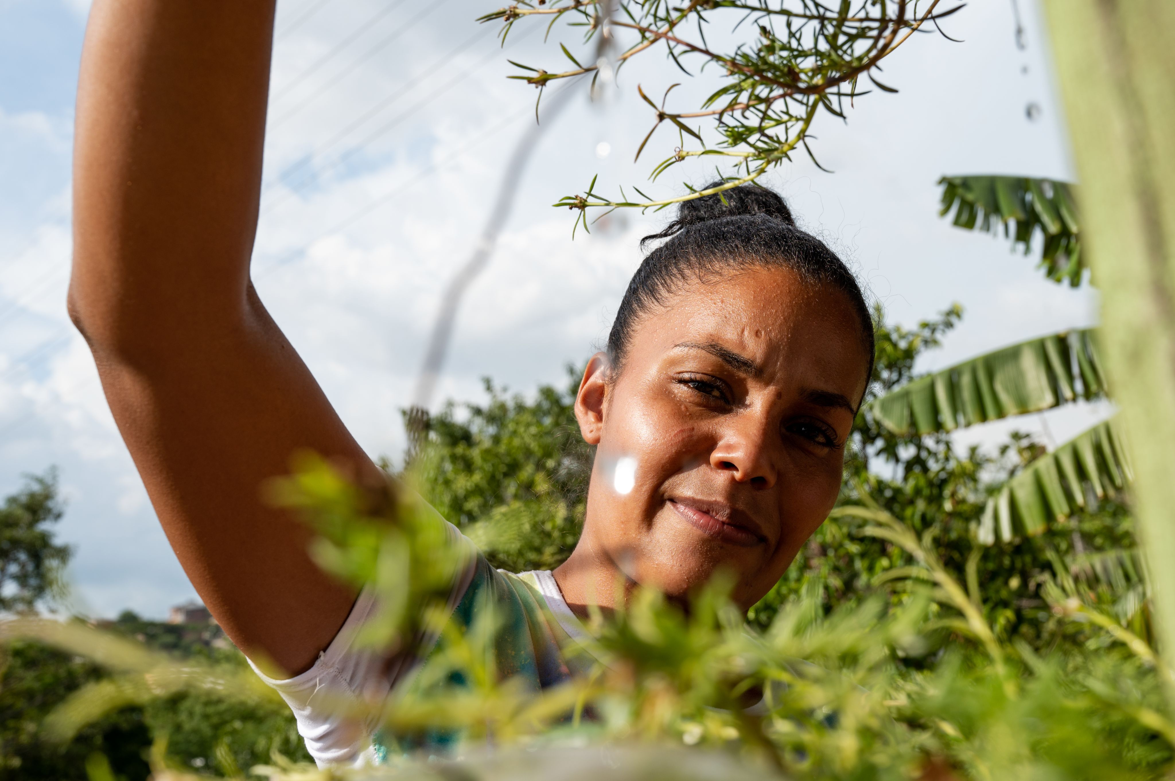 Portrait of a woman with her hair in a bun. She is surrounded by trees and green plants.