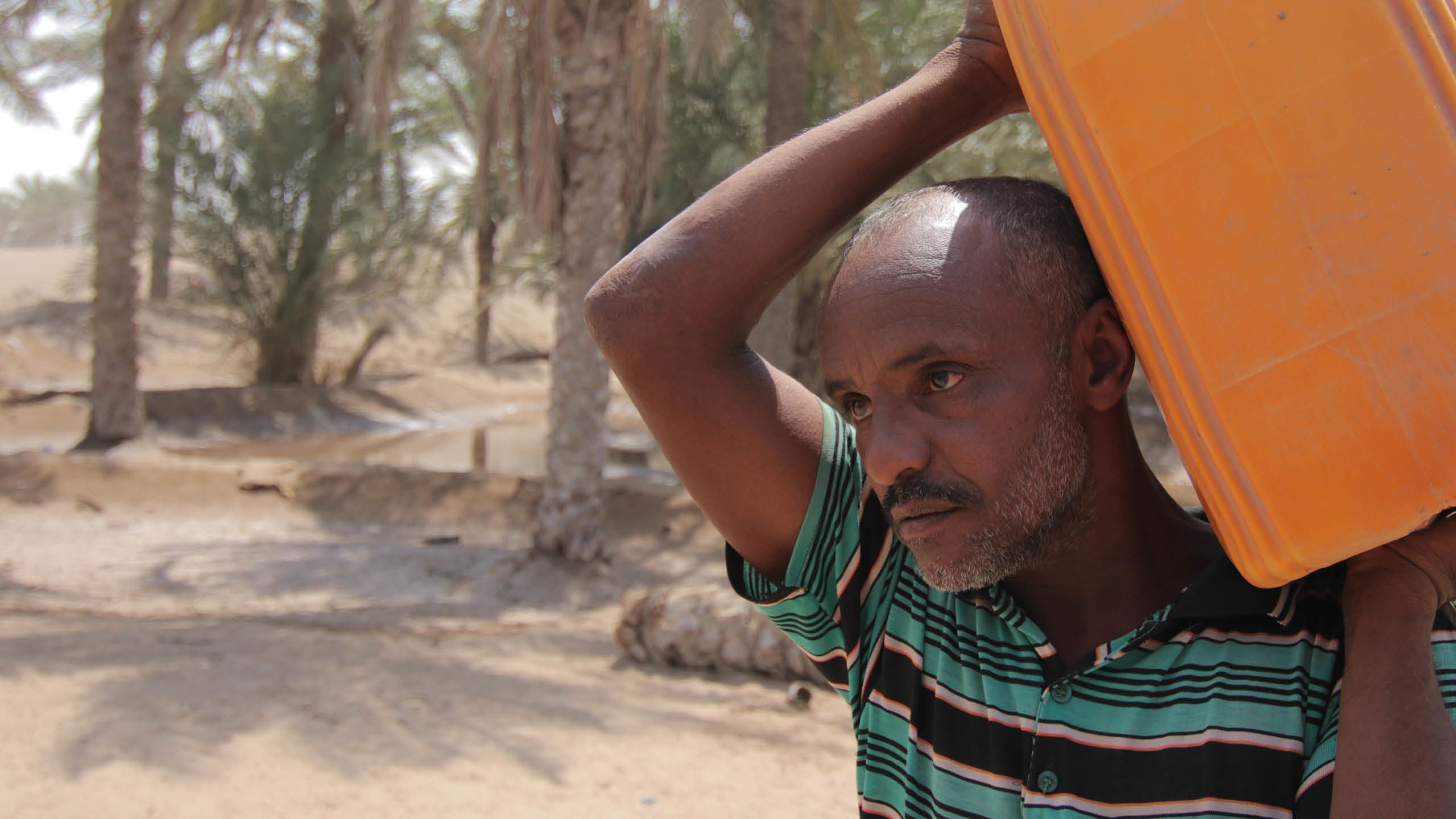 Ali hämtar vatten i dunkar