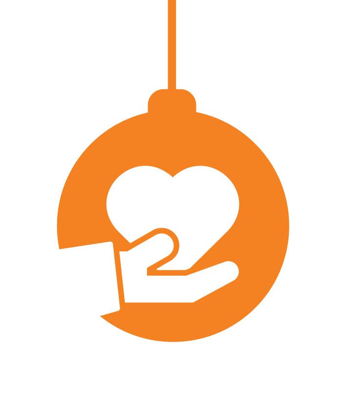 Orange Christmas bauble decorated with a hand holding a heart.