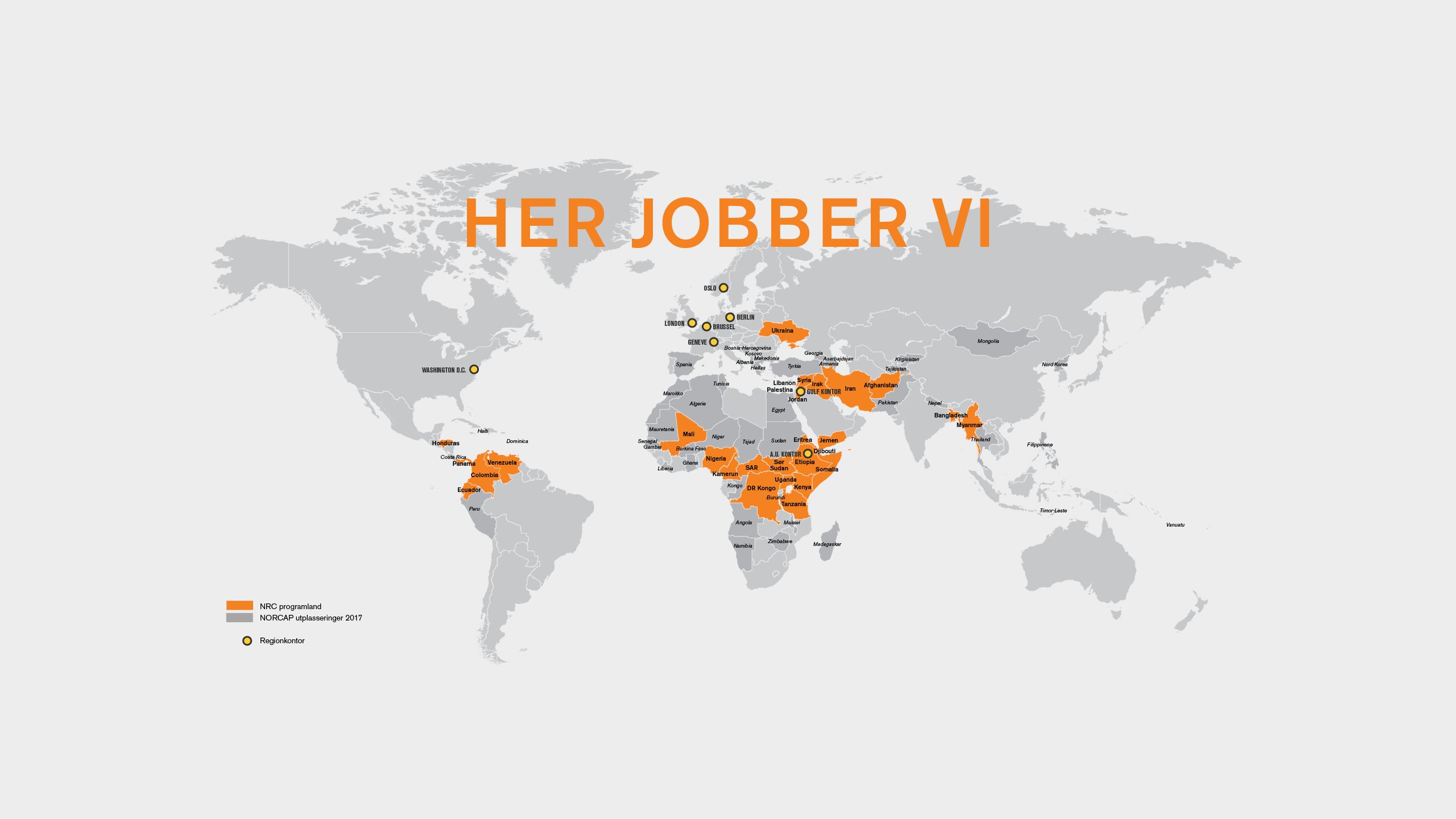 Kart med oversikt over landene Flyktninghjelpen jobber i.